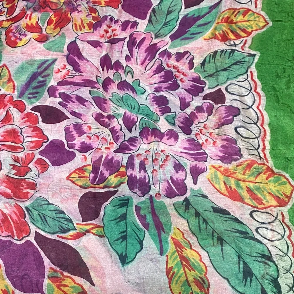 Vibrant Floral Print Scarf Green Pink & Purple Lightweight Botanical Print